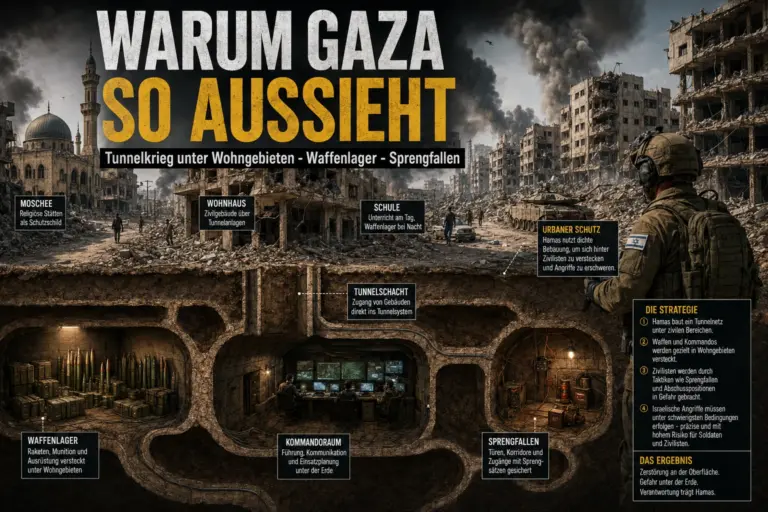 Zerstörtes Stadtviertel im Gazastreifen über einem Tunnelsystem mit Waffenlager, Kommandoraum und Sprengfallen