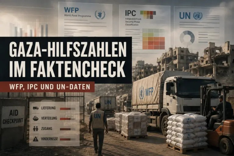 Symbolische Montage mit Hilfslastwagen, WFP-, IPC- und UN-Daten vor zerstörter Gaza-Kulisse