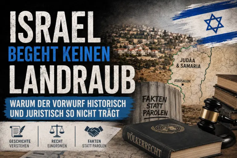 Titelbild zum Artikel über den Vorwurf des Landraubs gegen Israel mit Karte von Judäa und Samaria, israelischer Flagge, Siedlungen und einem Buch zum Völkerrecht