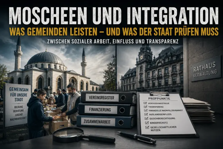 Moscheen und Integration: Was der Staat prüfen muss 1 Moschee, Rathaus, Gemeindearbeit und Prüfunterlagen als Symbolbild für Integration, Transparenz und staatliche Kontrolle