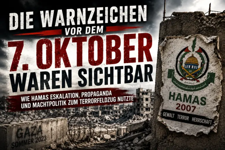 Die Warnzeichen vor dem Terrorangriff der Hamas am 7. Oktober 2023 mit Gaza, Hamas-Symbolik und zerstörter Stadtlandschaft