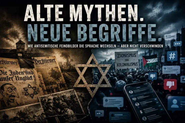 Symbolische Montage aus historischer antisemitischer Propaganda, Davidstern, Protestszene und moderner Social-Media-Kommunikation.