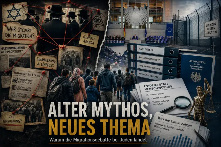 Symbolische Montage zu antisemitischen Verschwörungsmythen, Migration und realer politischer Verantwortung in Europa.
