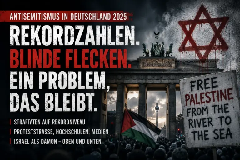 Symbolische Darstellung zu Antisemitismus in Deutschland 2025 mit Brandenburger Tor, Protestszene und Davidstern.