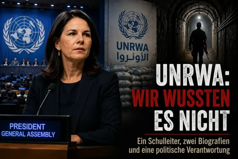 Politikerin vor UN-Kulisse neben UNRWA-Symbolik, Hilfsgütern und dunklem Tunnel mit großem Schriftzug