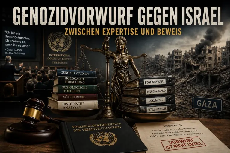 Symbolische Montage mit Justitia, Fachliteratur, Beweisakten und Gaza-Ruinen zum Genozidvorwurf gegen Israel.