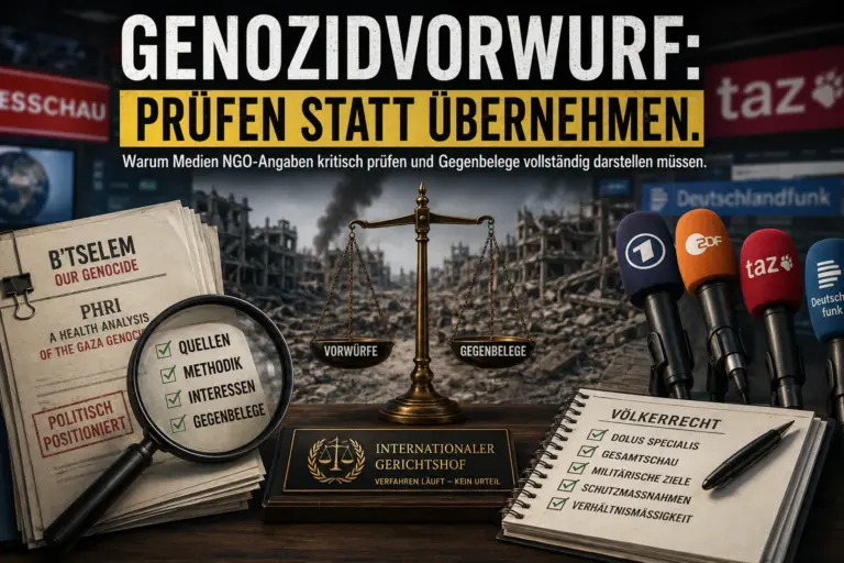 Symbolische Darstellung zum Genozidvorwurf gegen Israel mit Medien, NGO-Berichten, Waage, Gegenbelegen und völkerrechtlicher Prüfung.