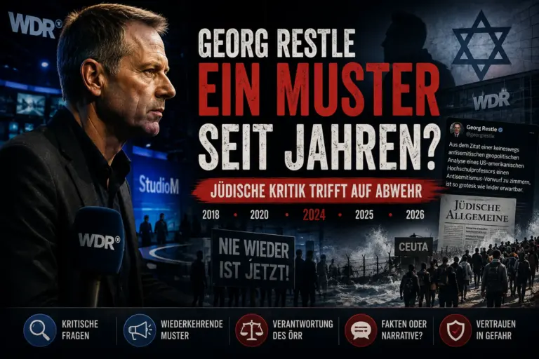 Symbolische KI-Montage mit Georg Restle, WDR-Bezug und einer Chronologie seiner Israel-Kontroversen von 2018 bis 2026