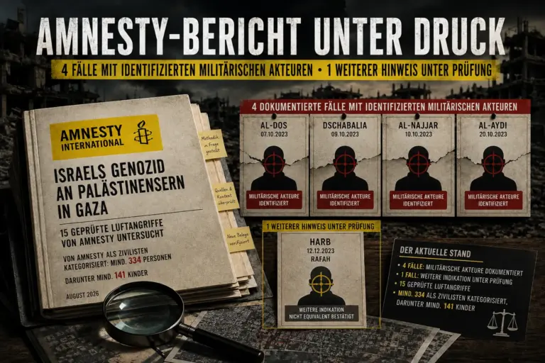 Symbolische Infografik zum Amnesty-Bericht mit vier dokumentierten Fällen und einem weiteren Hinweis