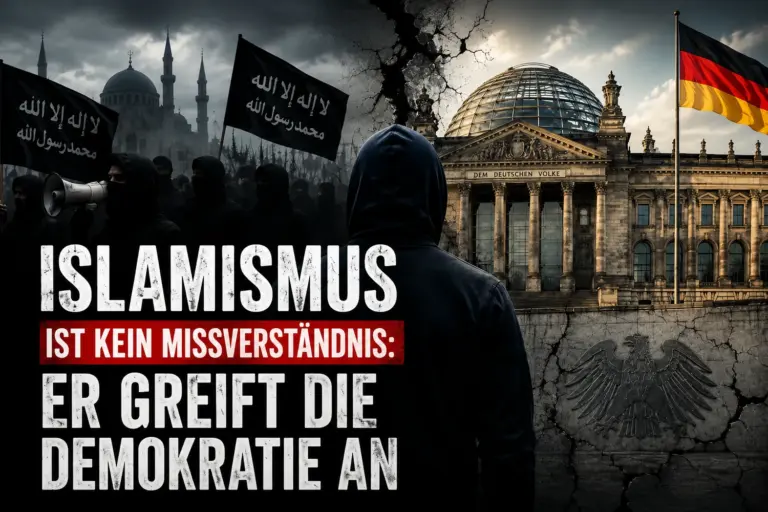 Islamismus ist kein Missverständnis: Er greift die Demokratie an 4 Symbolische Montage mit vermummten Demonstranten, schwarzen Fahnen, Reichstag und deutscher Flagge