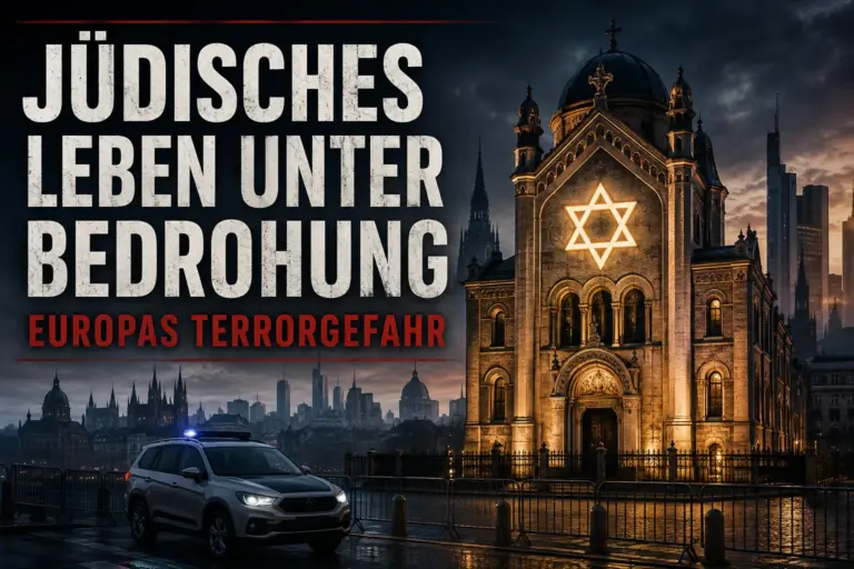 Jihadismus ist Europas größte Terrorgefahr für jüdisches Leben 5 Europäische Synagoge bei Dämmerung unter Polizeischutz mit der Überschrift Jüdisches Leben unter Bedrohung