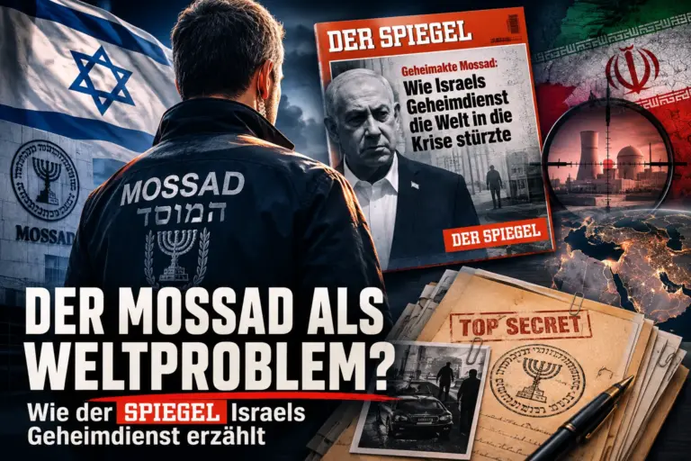 Symbolische Montage mit Mossad-Agent, israelischer Flagge, SPIEGEL-Titelbild und iranischer Nuklearanlage