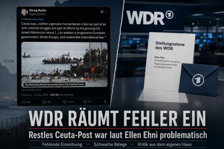 Georg Restles Ceuta-Post neben einer symbolischen WDR-Stellungnahme mit der Aussage „WDR räumt Fehler ein“.