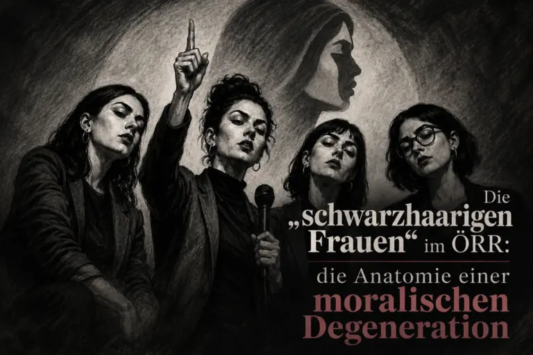 Symbolische Darstellung von vier schwarzhaarigen Frauen vor einer schemenhaften Frauenfigur zum Gastbeitrag über den ÖRR