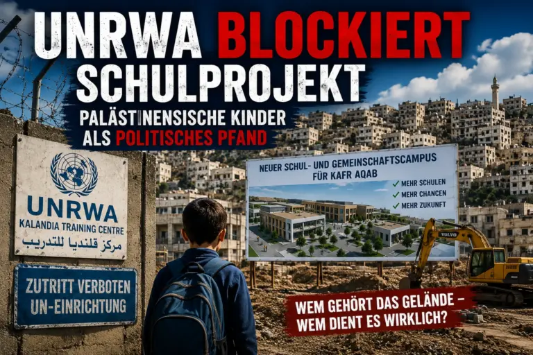 Kind vor UNRWA-Gelände und geplantem Schulcampus in Kafr Aqab, symbolische redaktionelle Montage