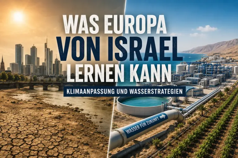 Klimaanpassung: Was Europa von Israel lernen kann. 6 Geteilte Darstellung mit ausgetrockneter europäischer Stadtlandschaft und israelischer Wasserinfrastruktur an der Küste
