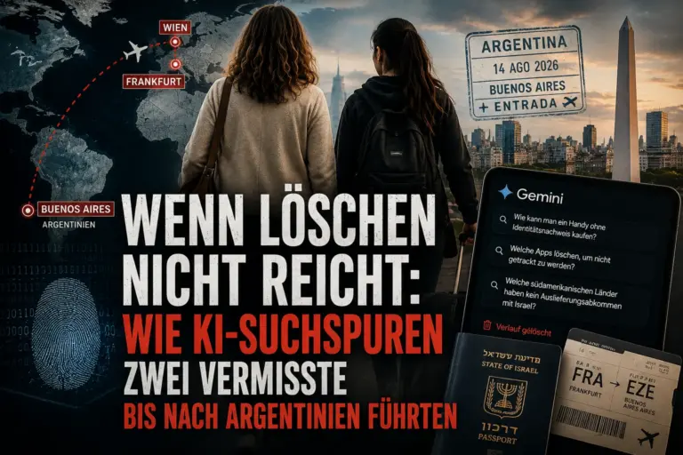 Wenn Löschen nicht reicht: Wie KI-Suchspuren zwei Vermisste bis nach Argentinien führten 3 Zwei Frauen am Flughafen zwischen Reiseroute, Gemini-Suchanfragen und Buenos Aires, symbolische Darstellung