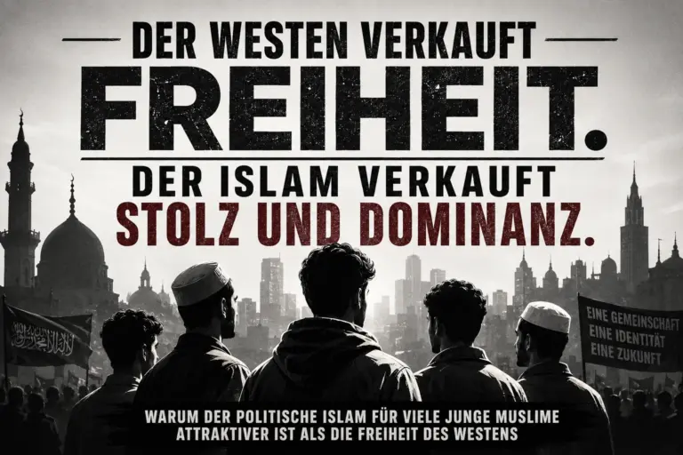 Schwarz-weiße Montage junger muslimischer Männer vor Moscheen und Stadtkulisse mit politischer Schlagzeile