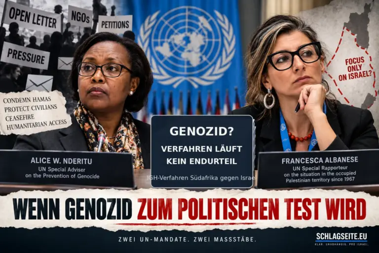 Symbolische redaktionelle Montage zu UN-Mandaten, politischem Druck und dem offenen Genozidverfahren gegen Israel.