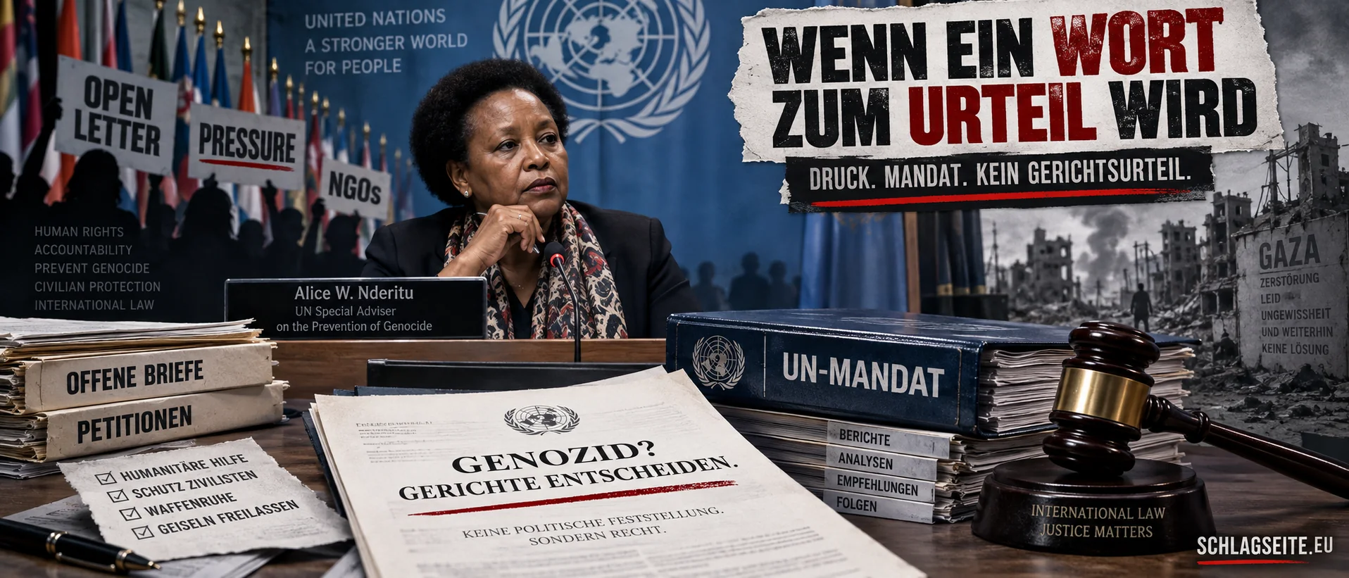 Wenn ein Wort zum Urteil wird Alice Nderitu vor UN-Symbolik, offenen Briefen, Petitionen und Hinweisen auf Gerichte und Völkerrecht.