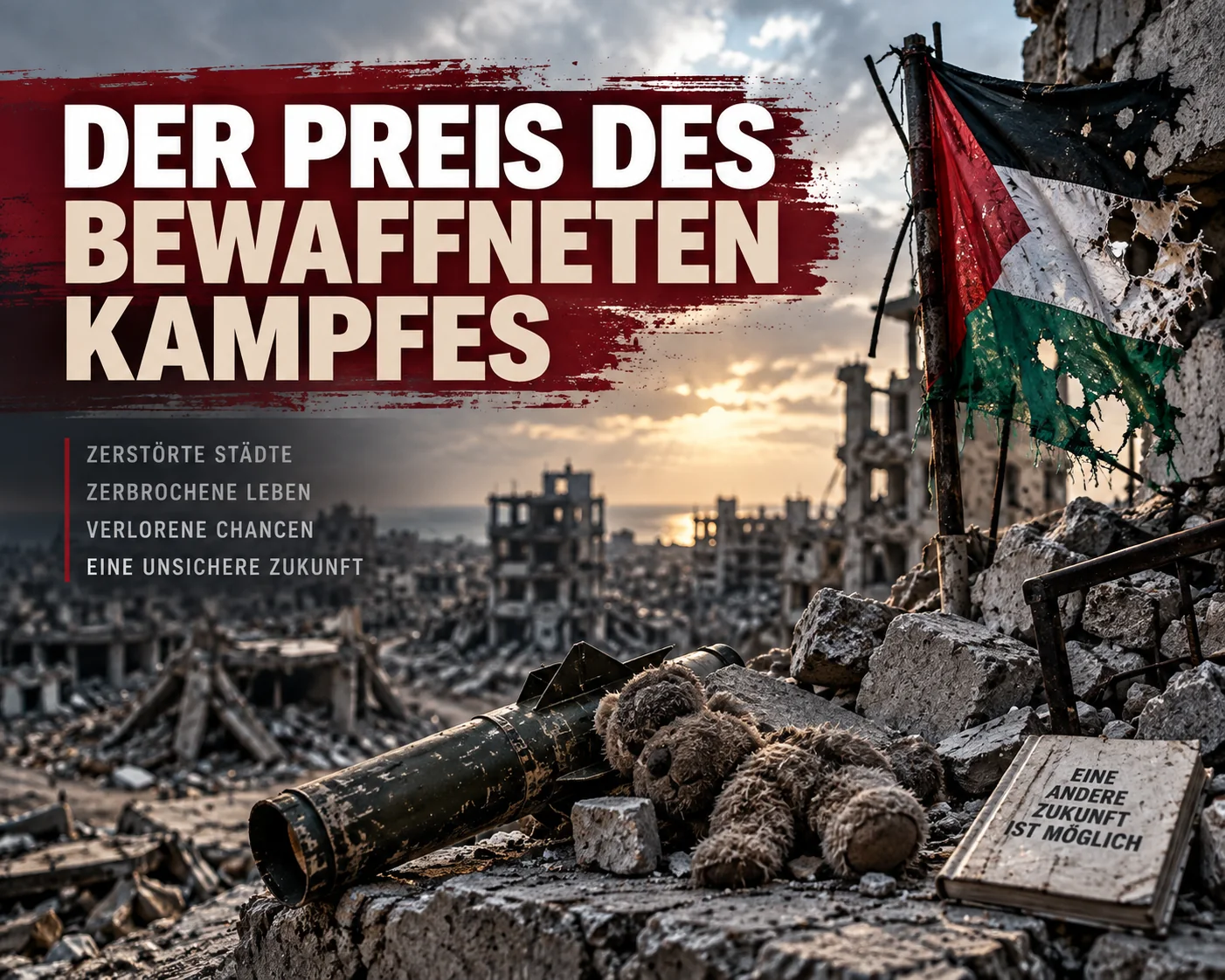 Der Preis des bewaffneten Kampfes Zerstörte Stadtlandschaft in Gaza mit beschädigter palästinensischer Flagge, Trümmern und dem Schriftzug „DER PREIS DES BEWAFFNETEN KAMPFES“