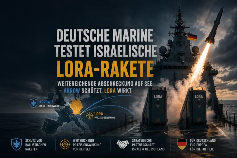 Symbolische Darstellung einer deutschen Fregatte beim Start einer israelischen LORA-Rakete im Nordatlantik
