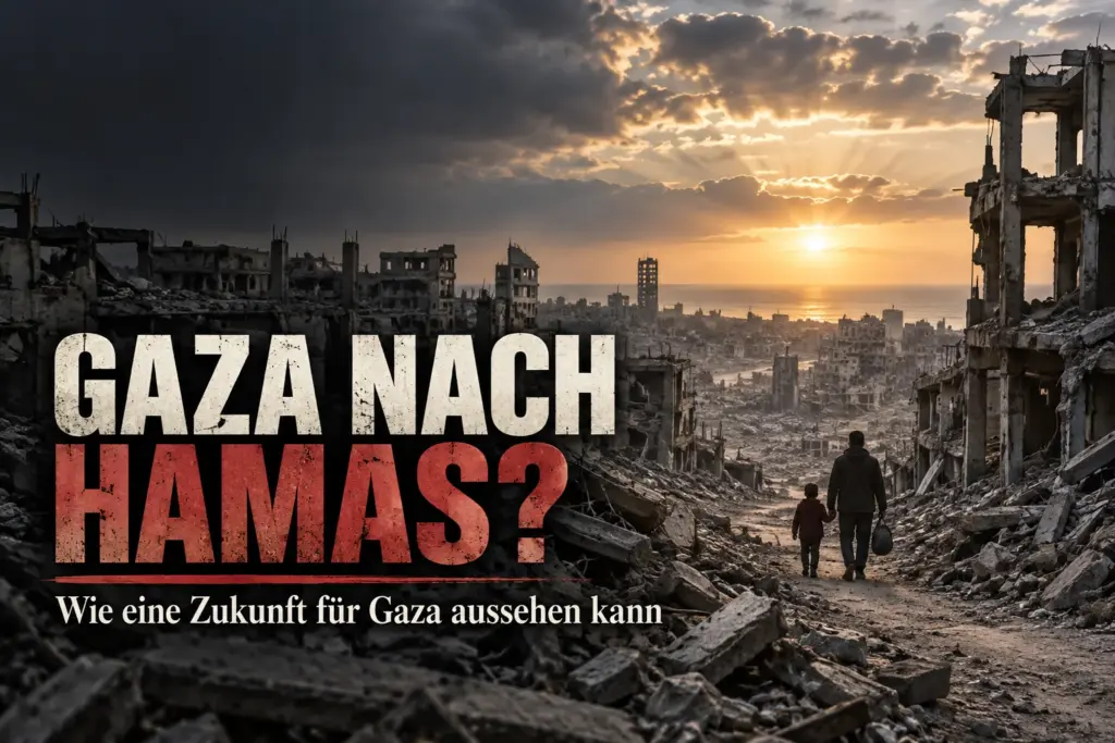 Zerstörte Stadtlandschaft in Gaza mit einem Erwachsenen und einem Kind zwischen Ruinen bei Sonnenuntergang.
