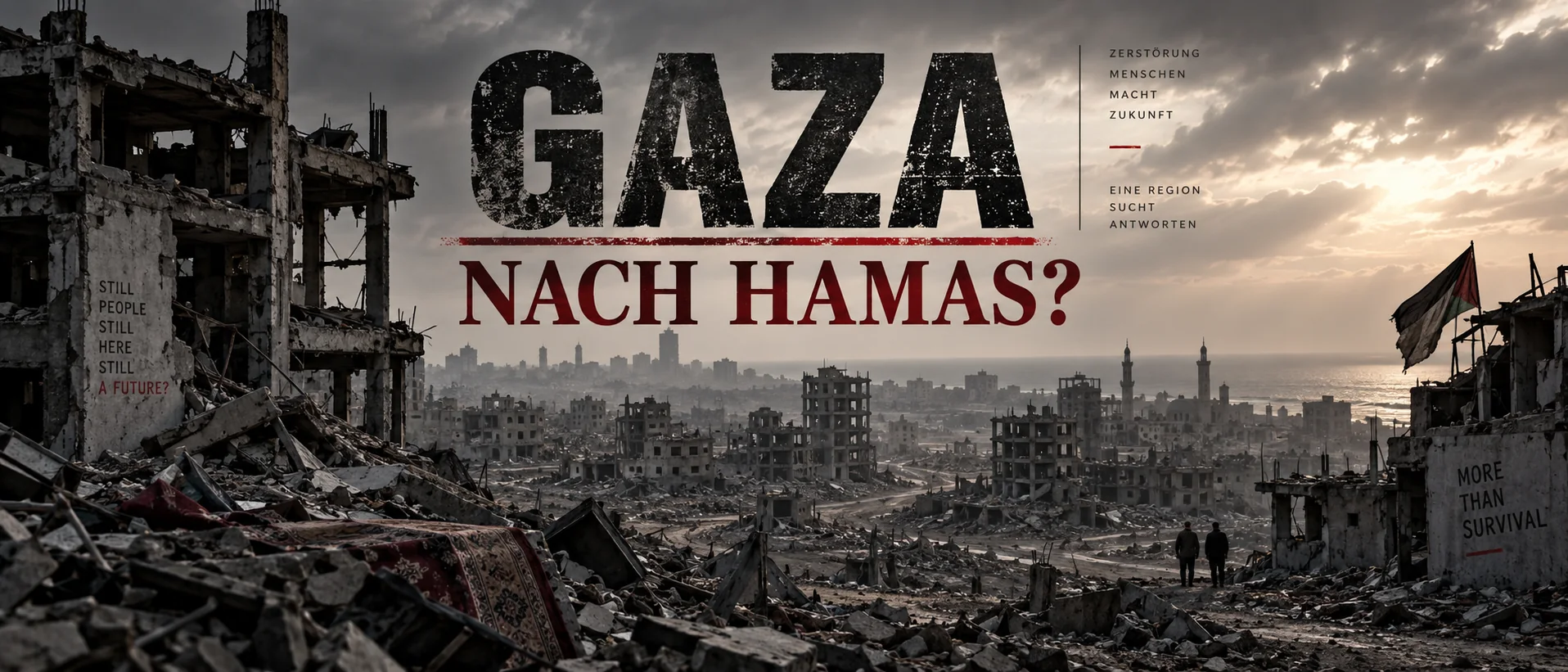 Gaza nach Hamas? Gaza nach Hamas: zerstörte Stadtlandschaft mit Ruinen und zwei erwachsenen Personen in der Ferne.