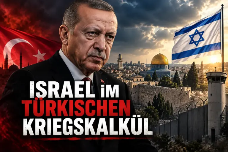 Recep Tayyip Erdogan vor türkischer Flagge, Jerusalem und israelischer Flagge als Symbol für Ankaras strategischen Blick auf Israel.