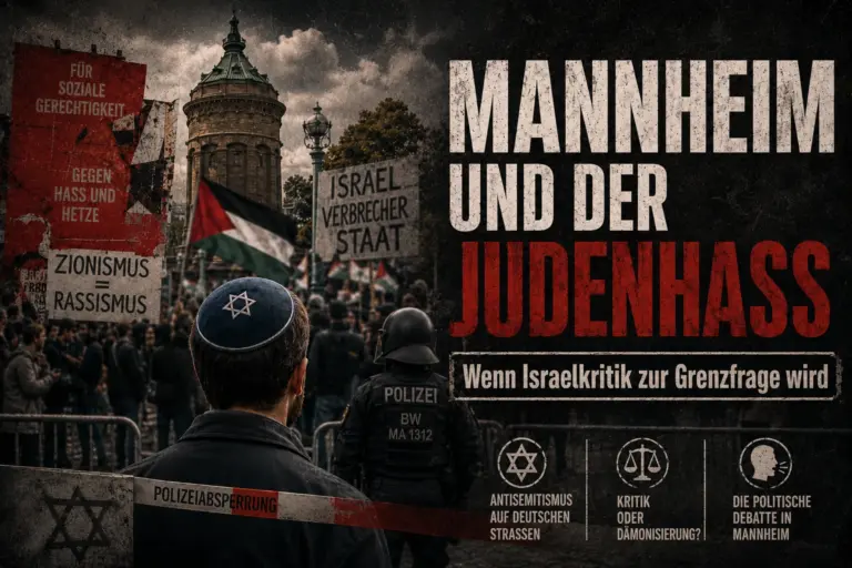 Symbolische Darstellung zu Antisemitismus in Mannheim mit Demonstration, Kippa, Polizeipräsenz und Israel-bezogenen Protestschildern