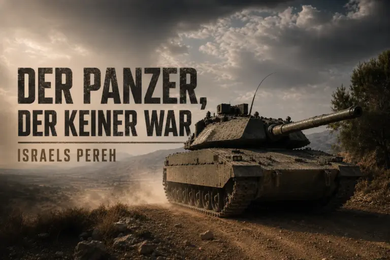 Israelischer Pereh-Lenkwaffenträger in bergiger Landschaft mit der Aufschrift „Der Panzer, der keiner war“