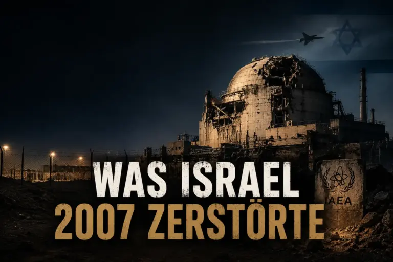 Symbolische Darstellung eines zerstörten syrischen Reaktorgeländes mit israelischem Kampfjet, IAEA-Symbolik und der Überschrift „Was Israel 2007 zerstörte“