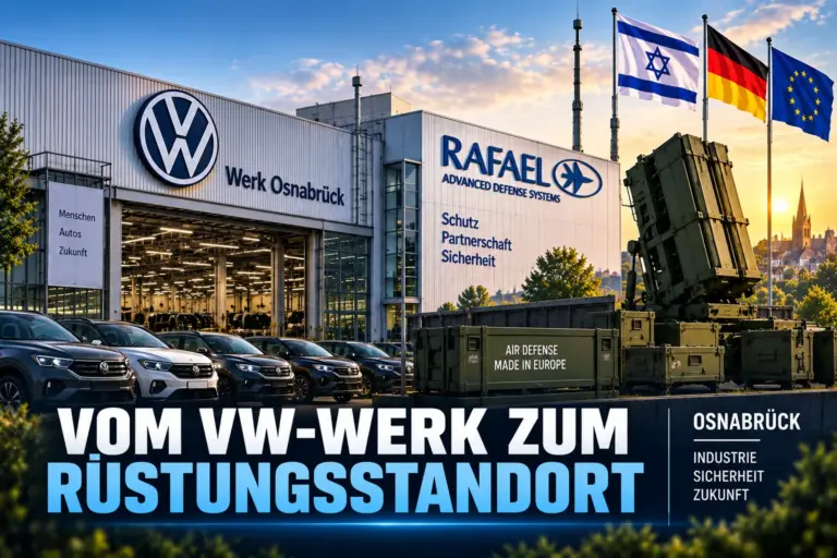 Symbolische Darstellung des VW-Werks Osnabrück mit Rafael, Luftverteidigung und deutsch-israelischer Industriekooperation