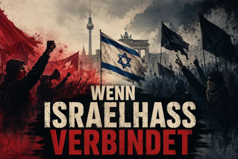 Symbolische Protestcollage in Berlin mit linker und islamistischer Szene sowie israelischer Flagge im Zentrum