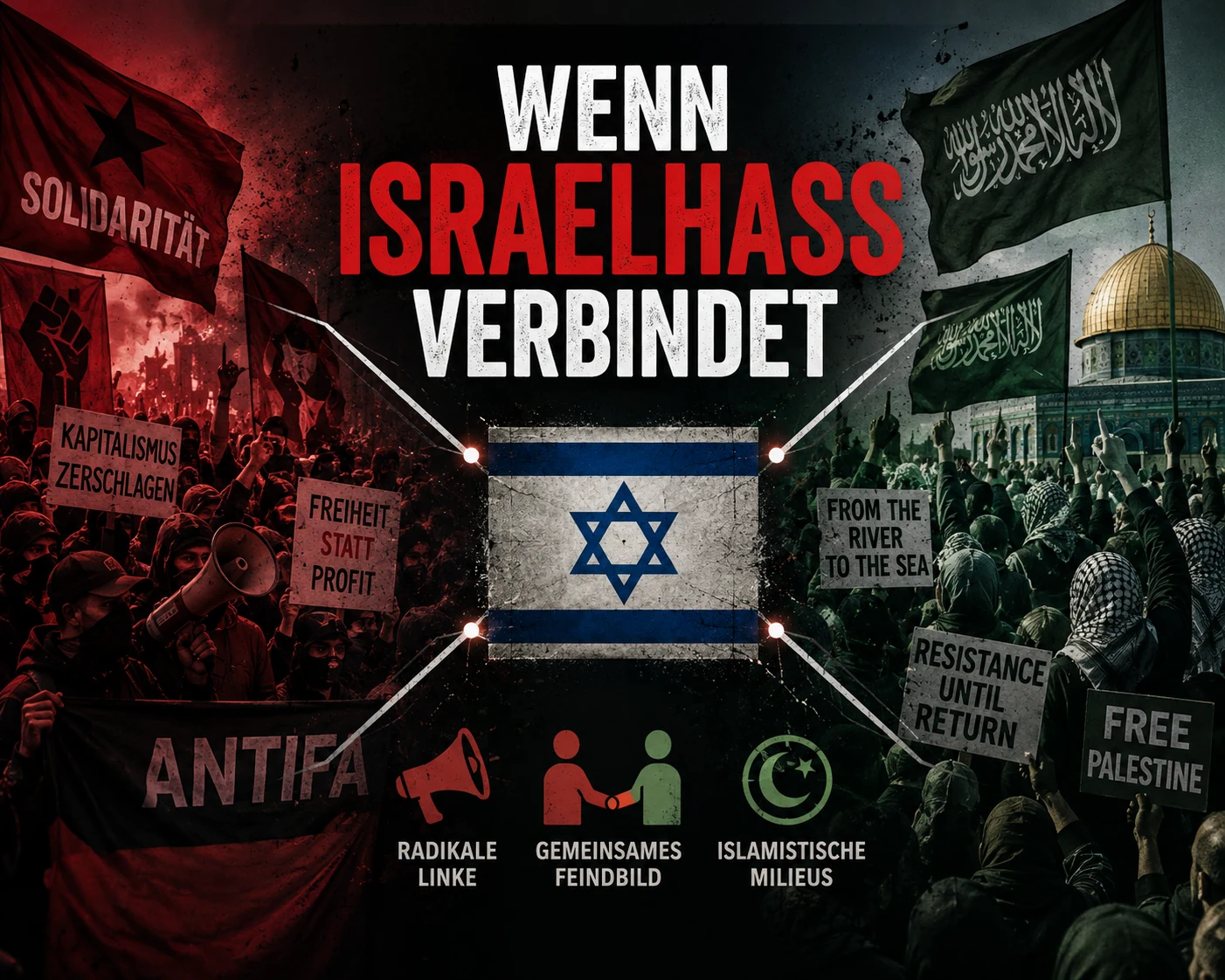 Wenn Israelhass verbindet Symbolische Collage mit radikaler linker und islamistischer Protestszene sowie israelischer Flagge im Zentrum