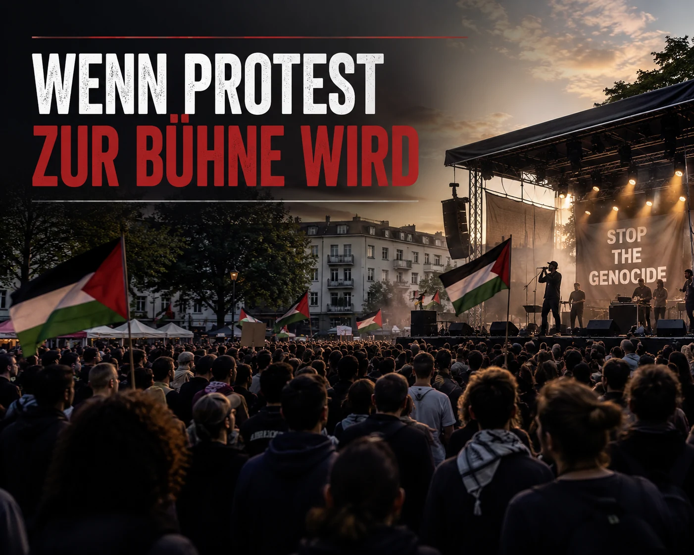 Wenn Protest zur Bühne wird Symbolische politische Kundgebung mit Bühne, Publikum, palästinensischen Flaggen und großem Veranstaltungsschriftzug