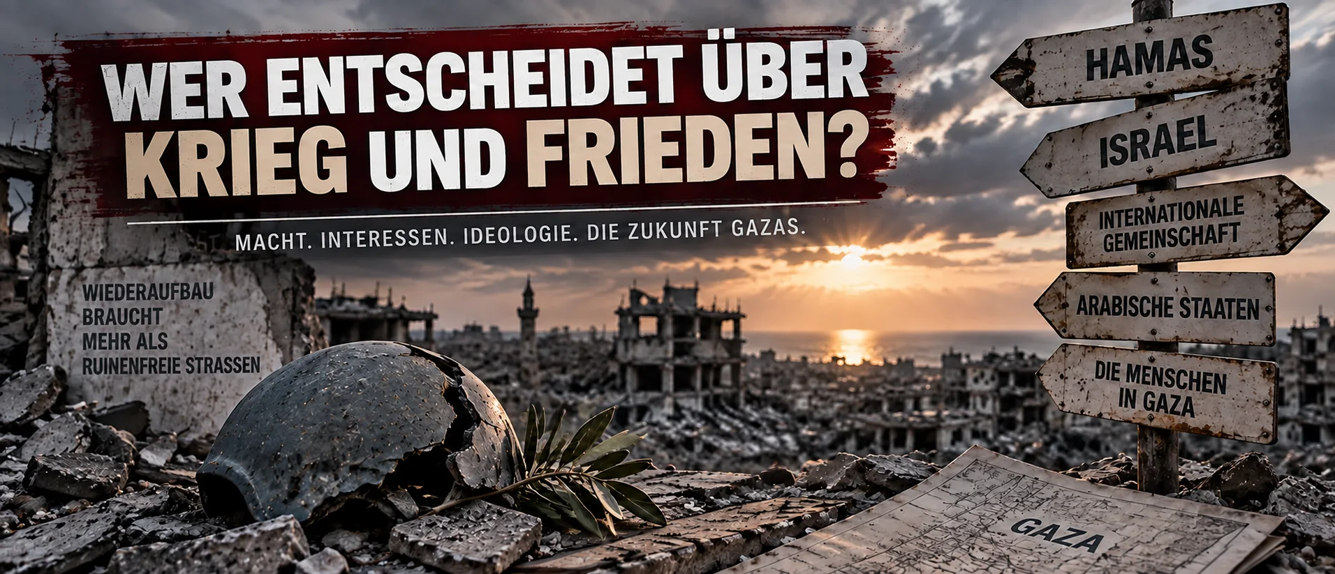 Wer entscheidet über Krieg und Frieden? Zerstörte Stadtlandschaft in Gaza mit beschädigtem Helm, Olivenzweig, Gaza-Karte und Wegweisern zu Hamas, Israel und internationalen Akteuren.